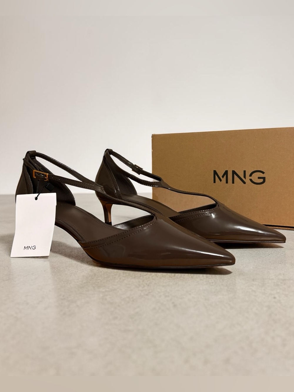 Mango Brown Patent Leather Pointed Toe Slingback Heels